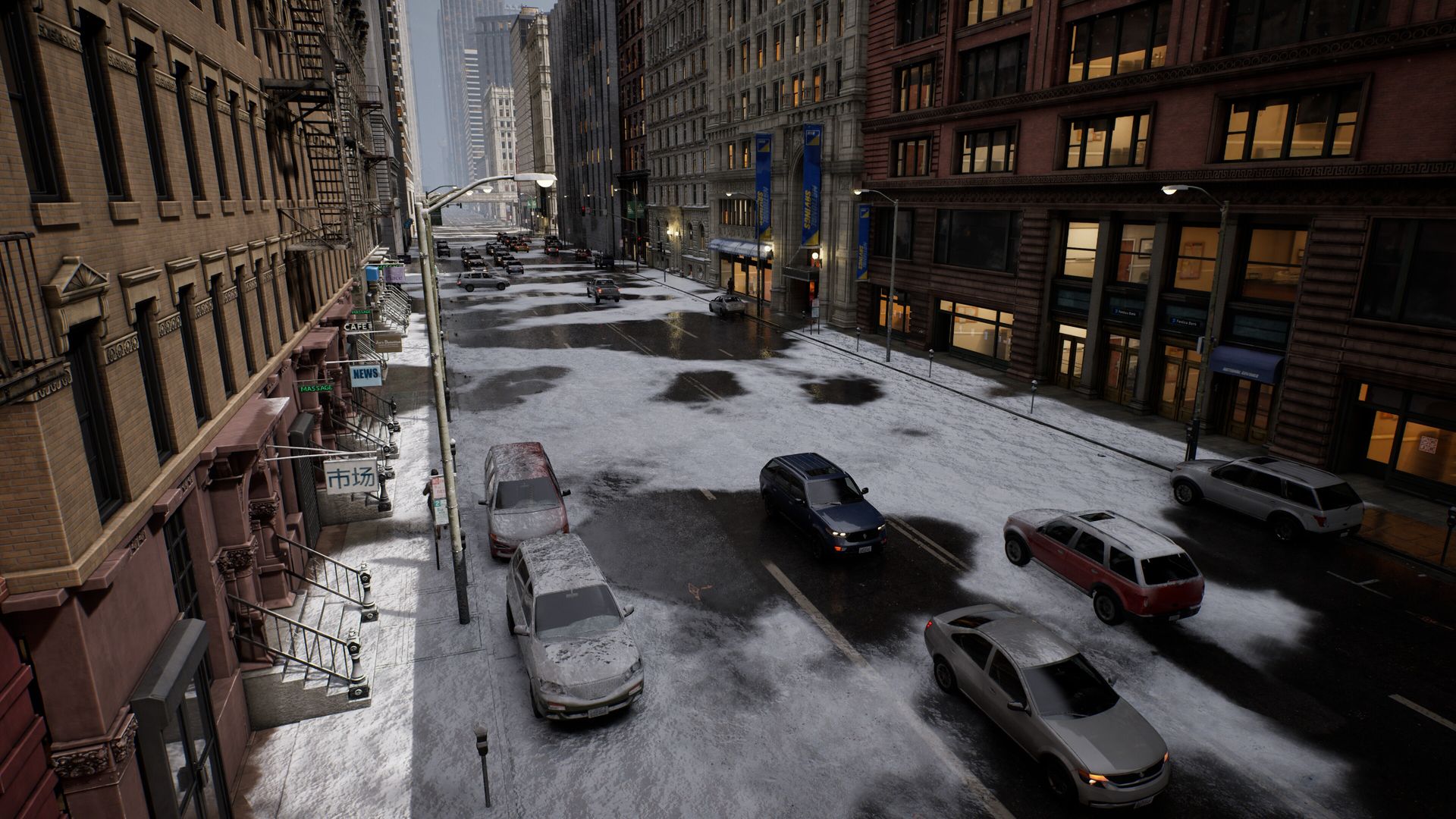 The same camera after snowfall with new traffic