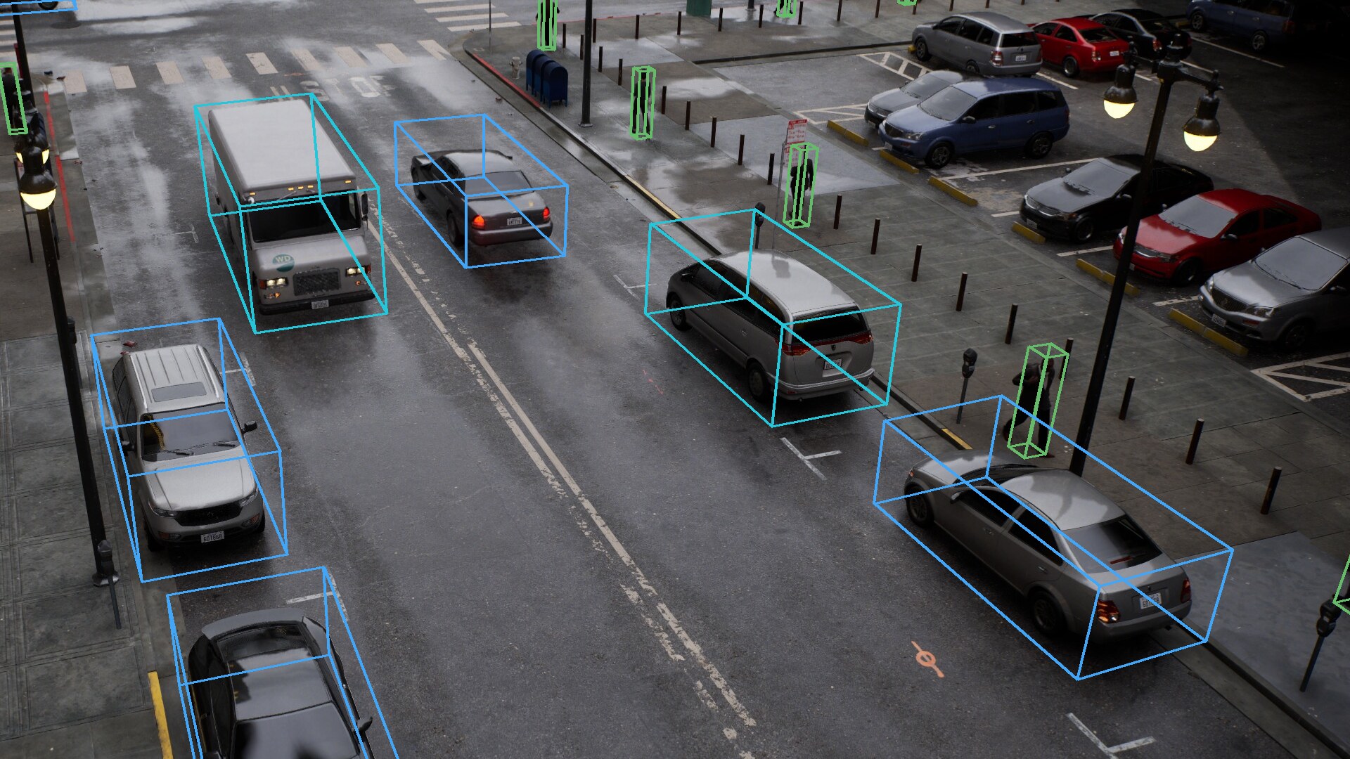 A 1:1 crop of a 4K frame with oriented 3D boxes on vehicles and pedestrians