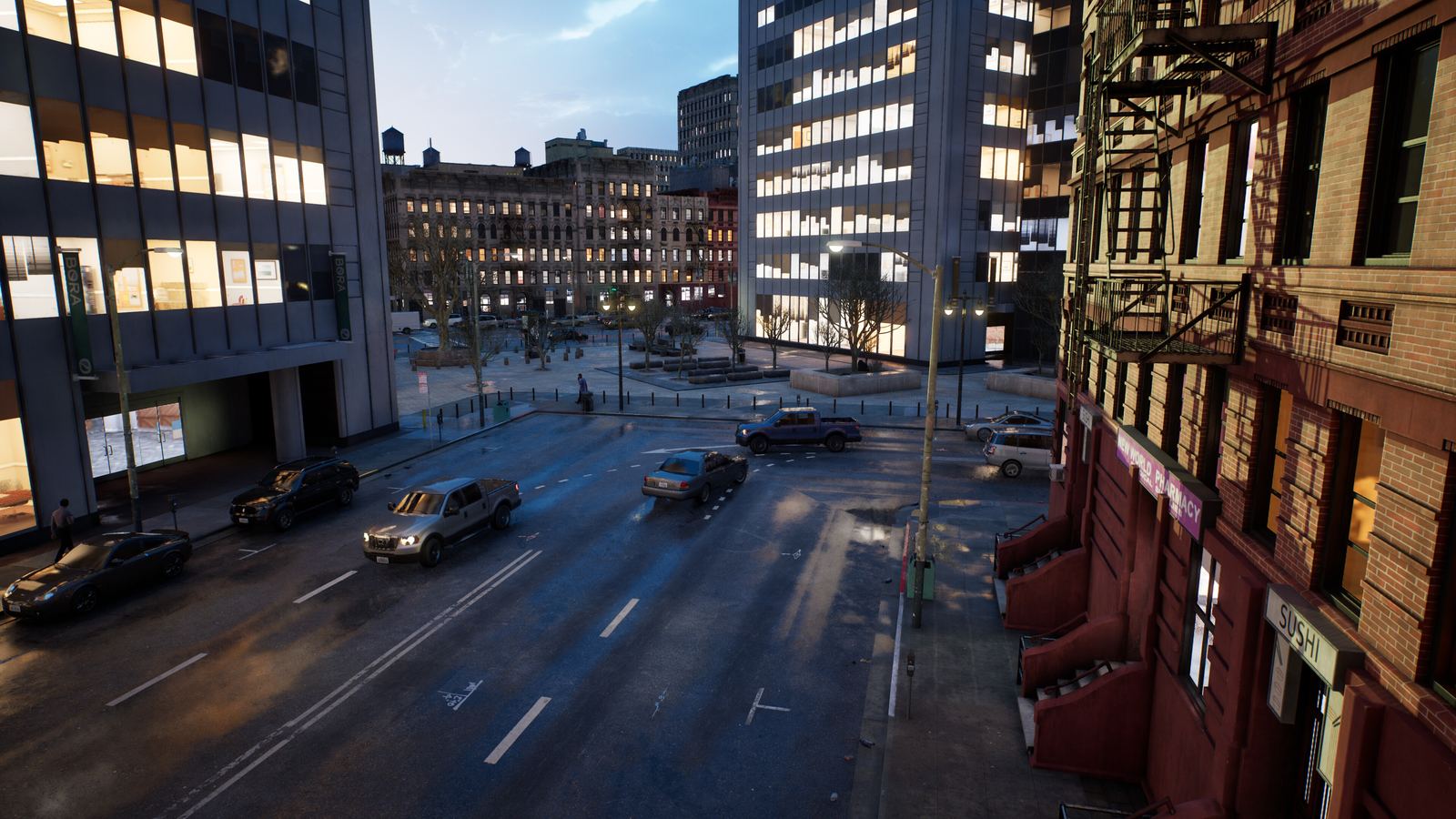 An avenue at dusk with lit office towers