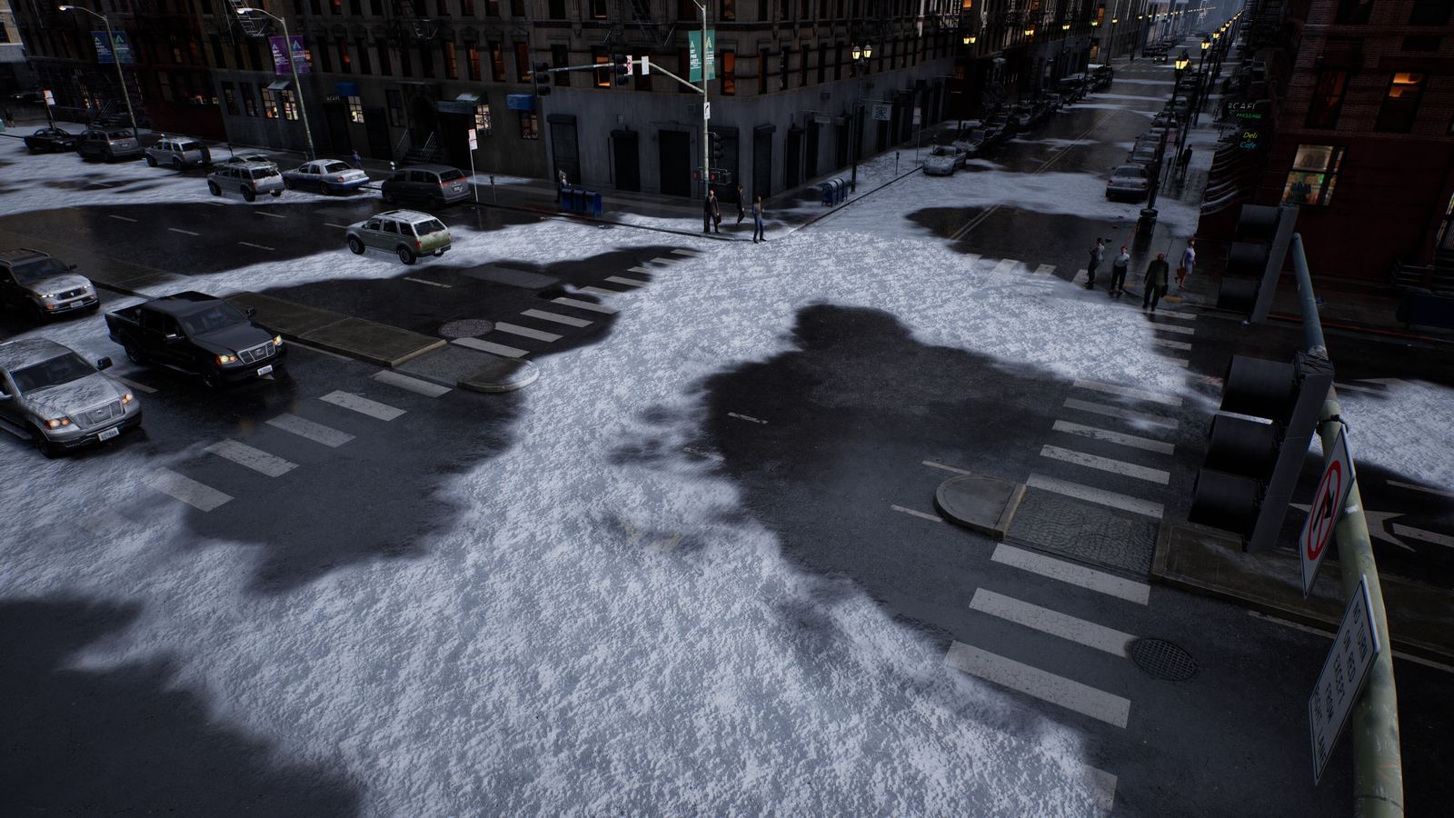 An intersection covered in snow