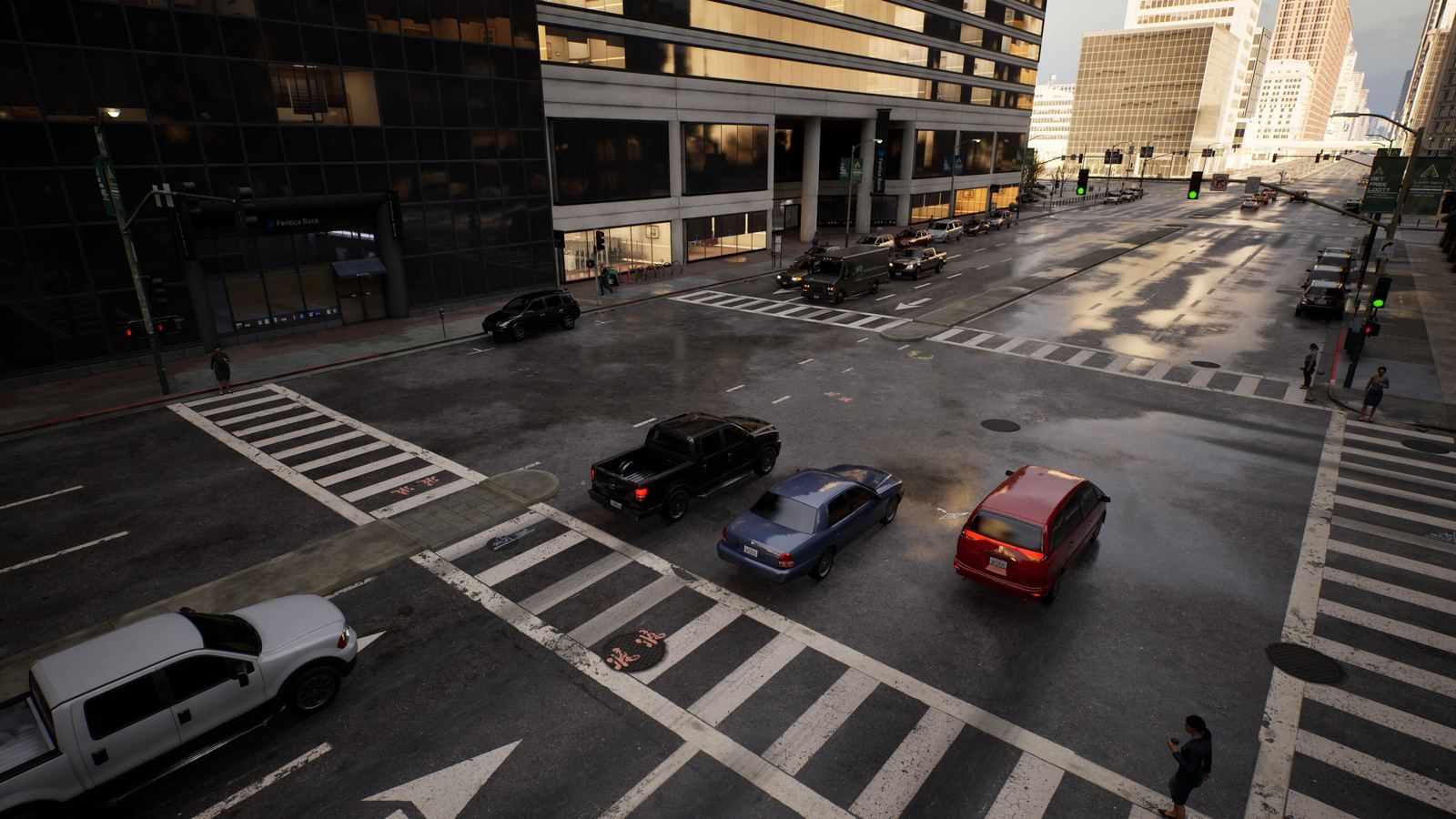 An intersection in low evening sun