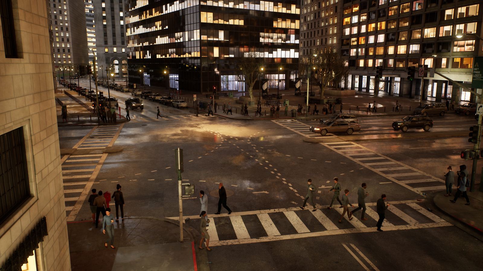 Pedestrians on a crosswalk at night in the rain