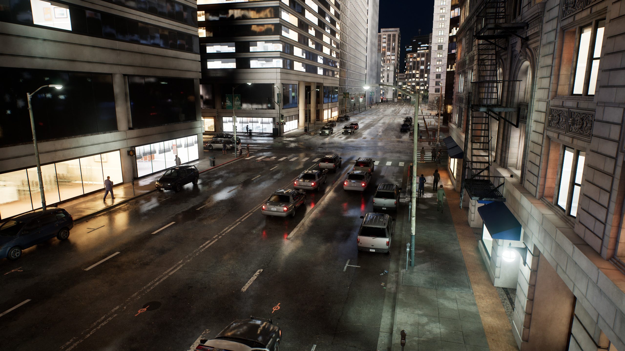 A street canyon at night in Boundless, with wet asphalt, traffic and lit storefronts