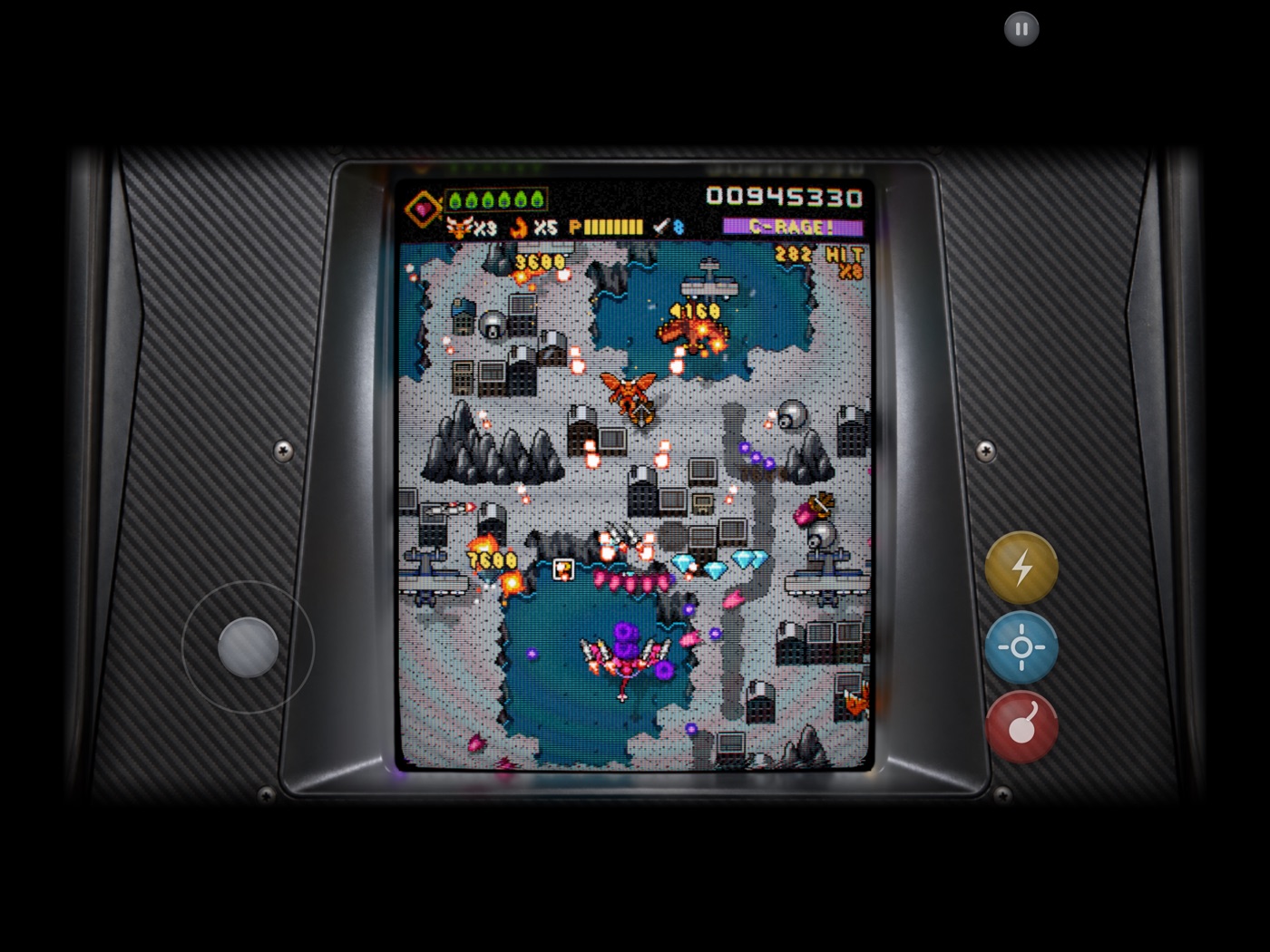 Talonsbane running inside its arcade cabinet, a dragon fighting a warship over a river