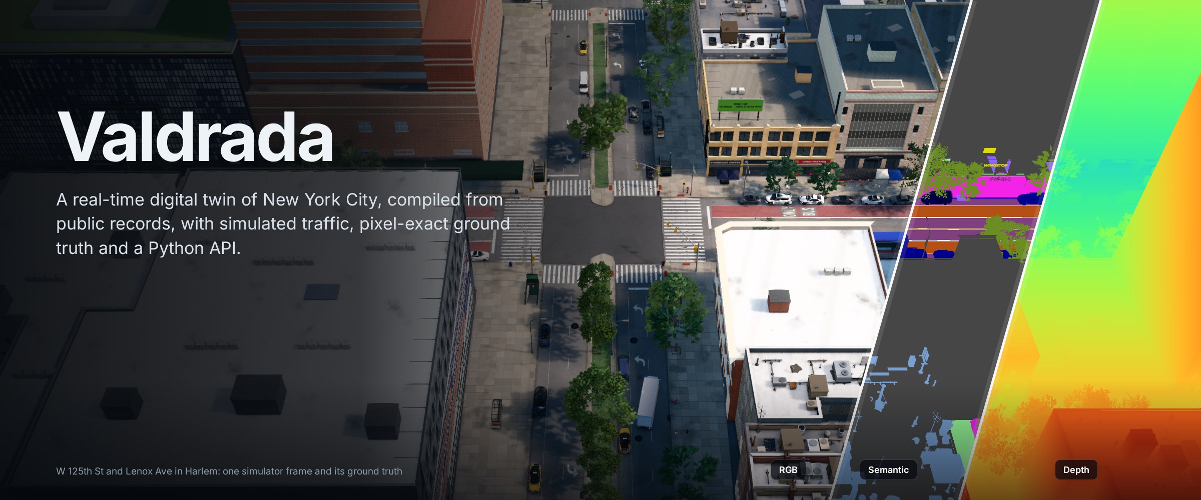 A simulator frame at W 125th St and Lenox Ave in Harlem, with its semantic segmentation and depth