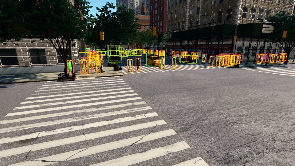 Visible 2D boxes (green vehicles, red pedestrians) and 3D boxes (yellow) from boxes_coco_kitti.py