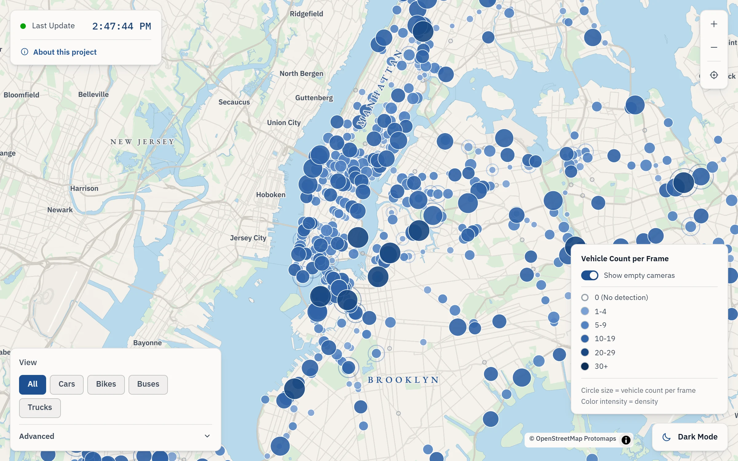 Real-time map of New York City showing the current vehicle count at each traffic camera