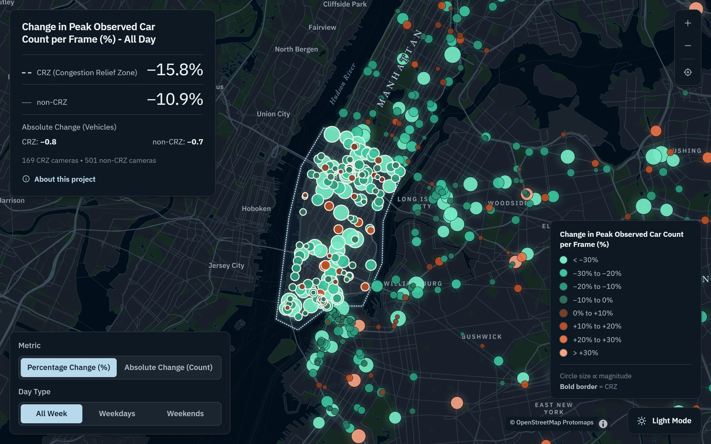 Interactive map of New York City showing the change in peak observed car count at each traffic camera